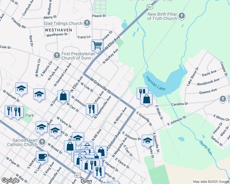 map of restaurants, bars, coffee shops, grocery stores, and more near 1002 North Fayetteville Avenue in Dunn