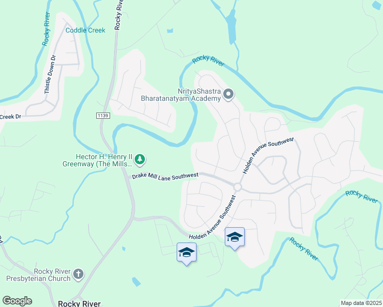 map of restaurants, bars, coffee shops, grocery stores, and more near 2169 Grist Mill Drive Southwest in Concord