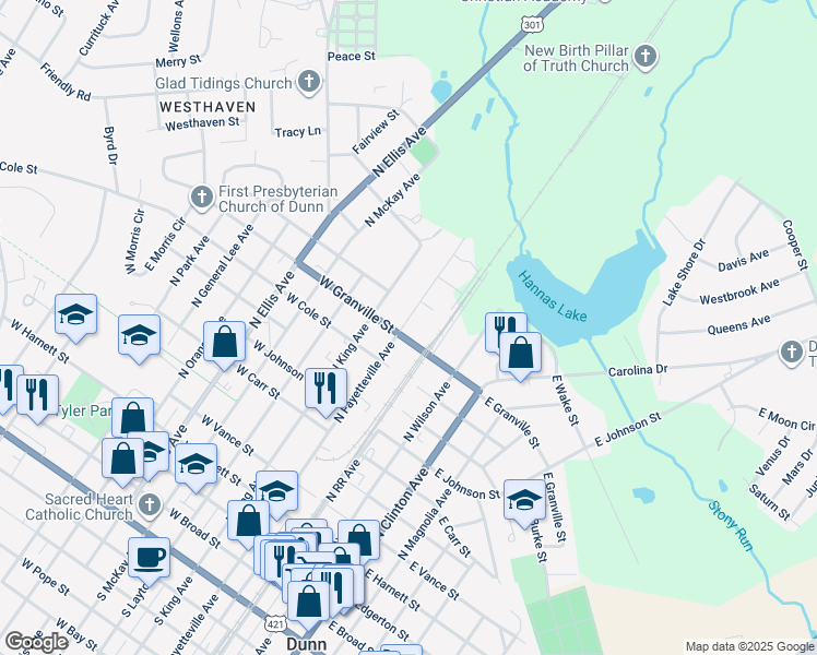 map of restaurants, bars, coffee shops, grocery stores, and more near 1002 North Fayetteville Avenue in Dunn