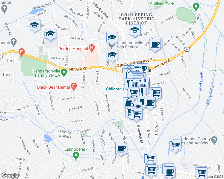 map of restaurants, bars, coffee shops, grocery stores, and more near 407 4th Avenue West in Hendersonville