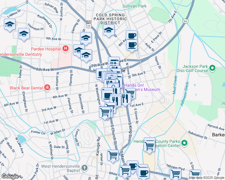 map of restaurants, bars, coffee shops, grocery stores, and more near 300 North Church Street in Hendersonville