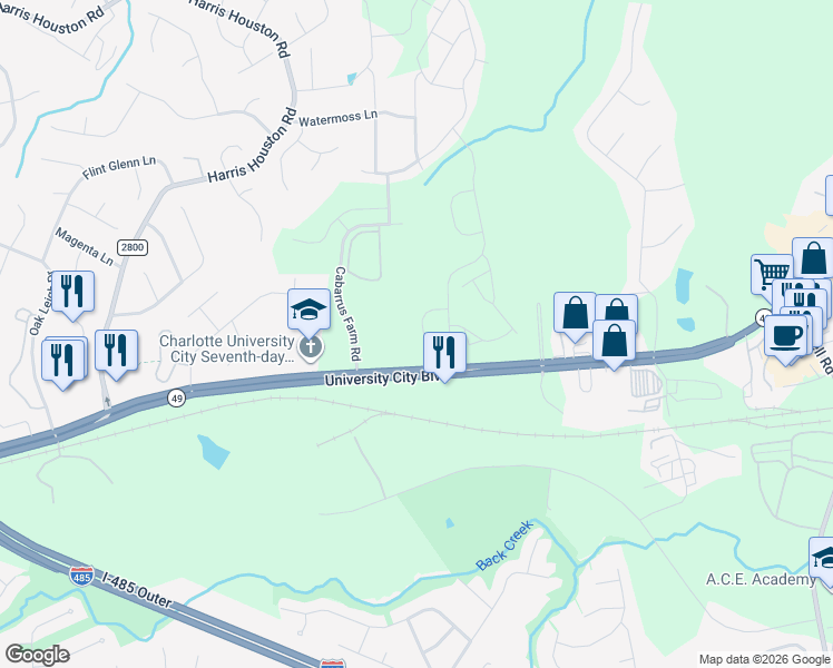 map of restaurants, bars, coffee shops, grocery stores, and more near 11701 University City Boulevard in Charlotte
