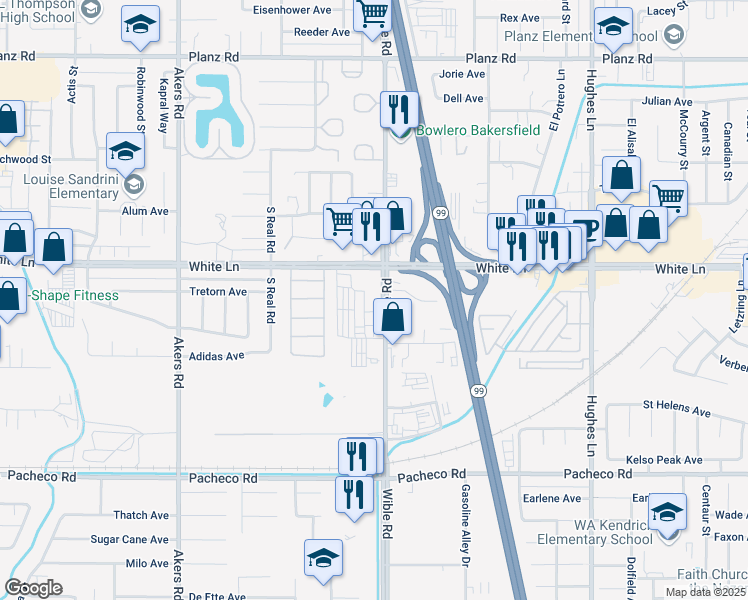 map of restaurants, bars, coffee shops, grocery stores, and more near 4101 Wible Road in Bakersfield