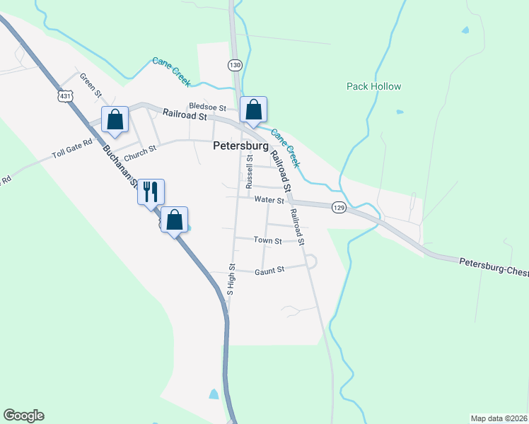 map of restaurants, bars, coffee shops, grocery stores, and more near 212 College Street in Petersburg