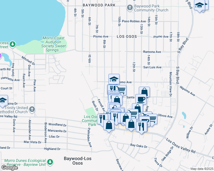map of restaurants, bars, coffee shops, grocery stores, and more near 1952 8th Street in Baywood-Los Osos