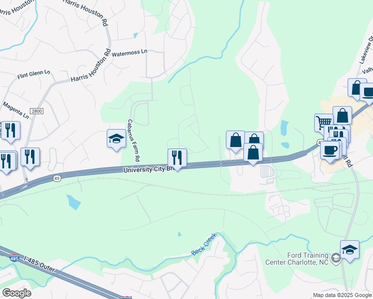 map of restaurants, bars, coffee shops, grocery stores, and more near 11851-11903 University City Blvd in Charlotte