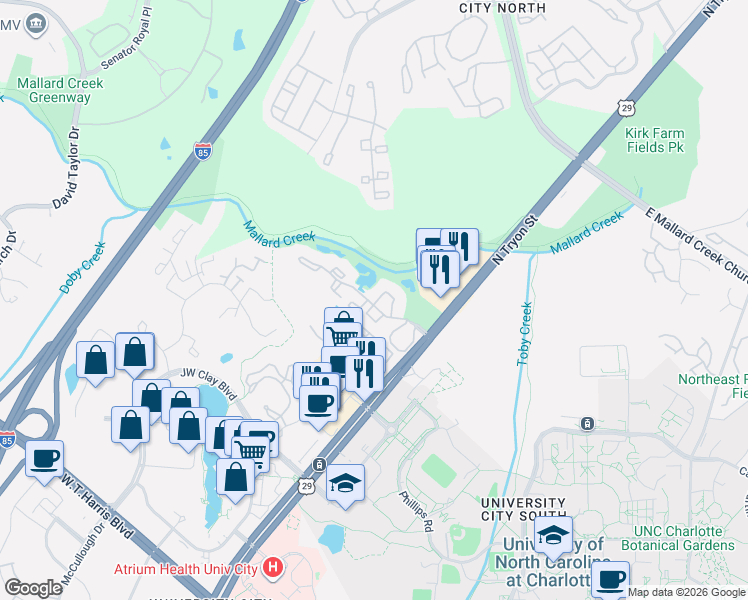 map of restaurants, bars, coffee shops, grocery stores, and more near 411 Barton Creek Drive in Charlotte
