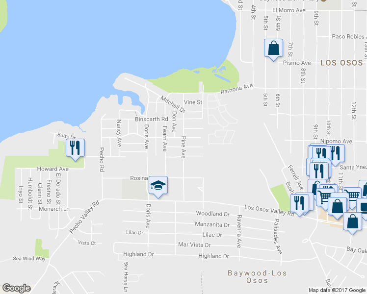 map of restaurants, bars, coffee shops, grocery stores, and more near Ash Street in Baywood-Los Osos