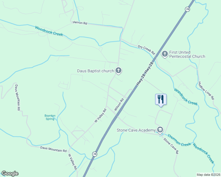map of restaurants, bars, coffee shops, grocery stores, and more near 2544 West Valley Road in Dunlap