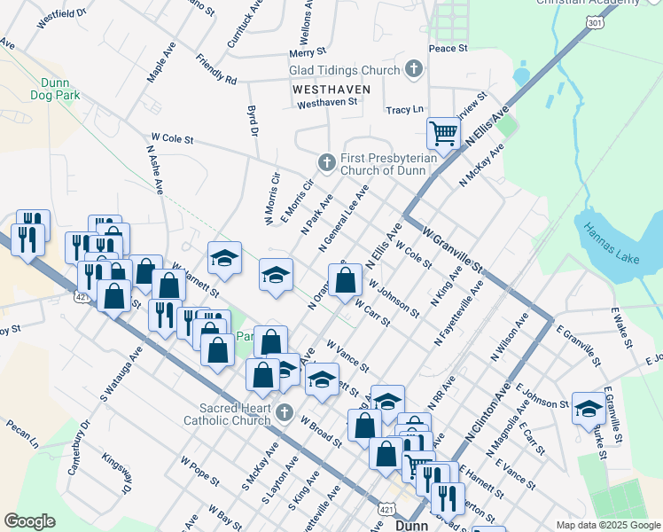 map of restaurants, bars, coffee shops, grocery stores, and more near 511 North Orange Avenue in Dunn
