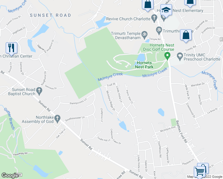 map of restaurants, bars, coffee shops, grocery stores, and more near 3324 Alderknoll Court in Charlotte