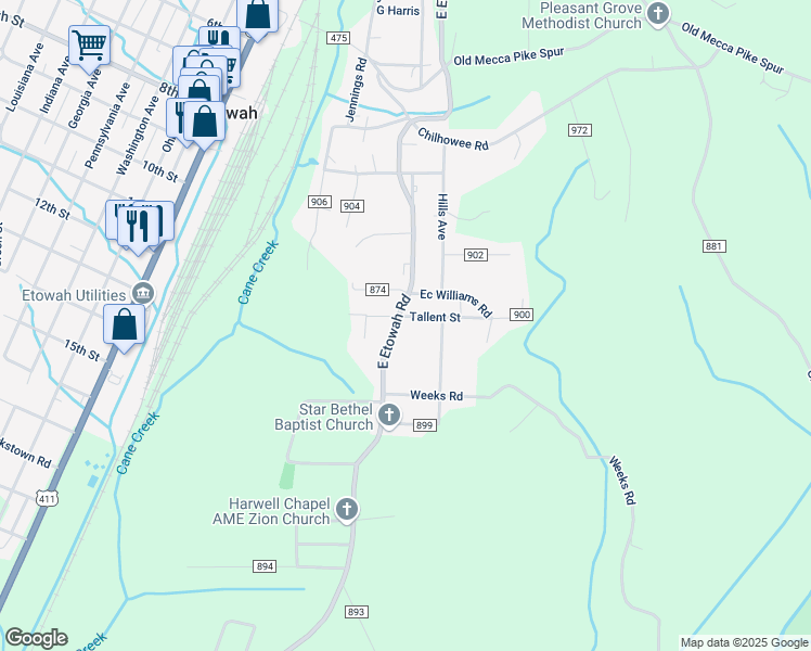 map of restaurants, bars, coffee shops, grocery stores, and more near 289 County Road 890 in Etowah