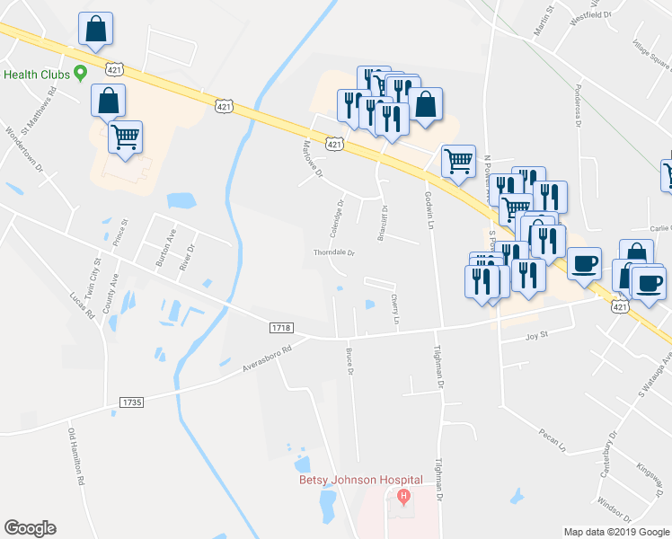 map of restaurants, bars, coffee shops, grocery stores, and more near 401 Coleridge Drive in Dunn