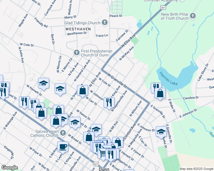 map of restaurants, bars, coffee shops, grocery stores, and more near 801 North Layton Avenue in Dunn