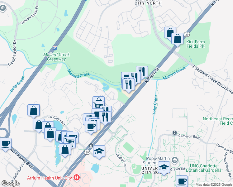map of restaurants, bars, coffee shops, grocery stores, and more near 212 Barton Creek Dr in Charlotte