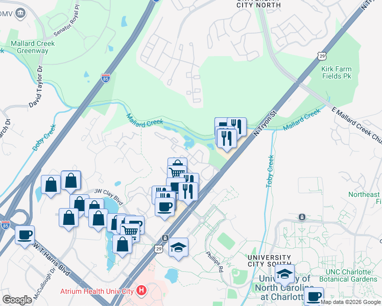 map of restaurants, bars, coffee shops, grocery stores, and more near 230 Barton Creek Drive in Charlotte