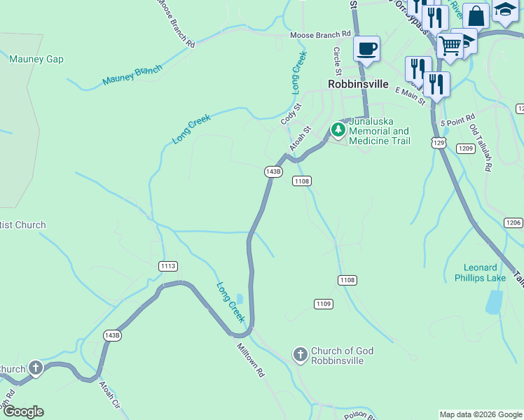 map of restaurants, bars, coffee shops, grocery stores, and more near County Road 1127 in Robbinsville