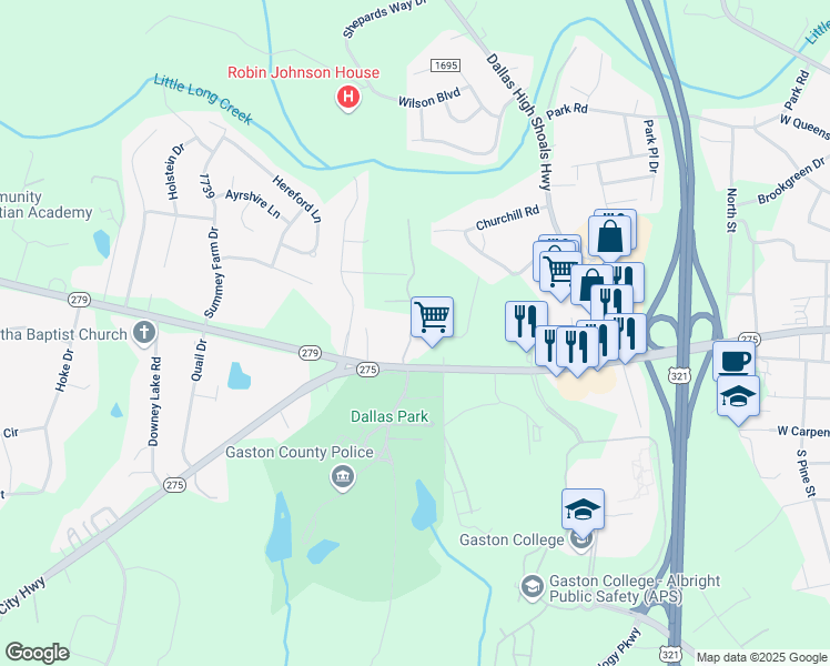 map of restaurants, bars, coffee shops, grocery stores, and more near 1302 Dallas Cherryville Highway in Dallas