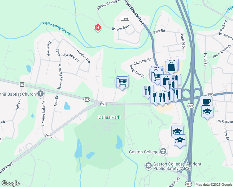 map of restaurants, bars, coffee shops, grocery stores, and more near 1304 Dallas Cherryville Highway in Dallas