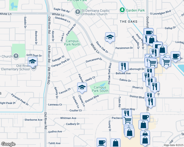 map of restaurants, bars, coffee shops, grocery stores, and more near 9001 Crowningshield Drive in Bakersfield