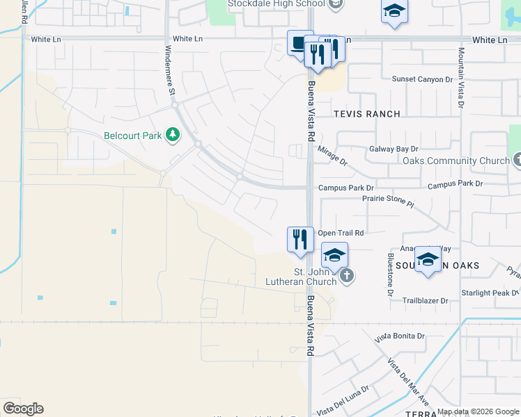 map of restaurants, bars, coffee shops, grocery stores, and more near 11610 Cloverfield Circle in Bakersfield