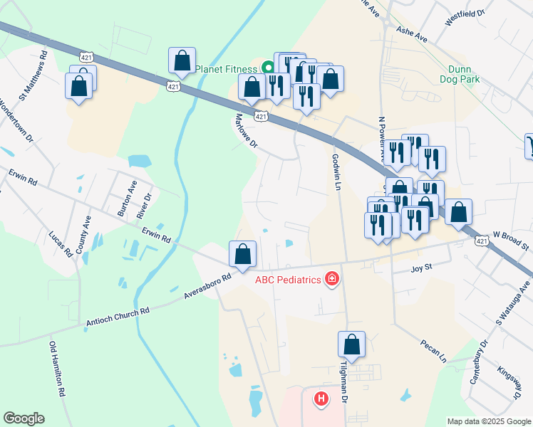 map of restaurants, bars, coffee shops, grocery stores, and more near 401 Coleridge Drive in Dunn