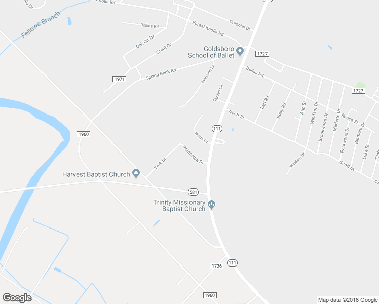map of restaurants, bars, coffee shops, grocery stores, and more near 159 Poinsettia Drive in Goldsboro