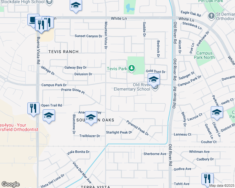 map of restaurants, bars, coffee shops, grocery stores, and more near 10207 Skiles Drive in Bakersfield