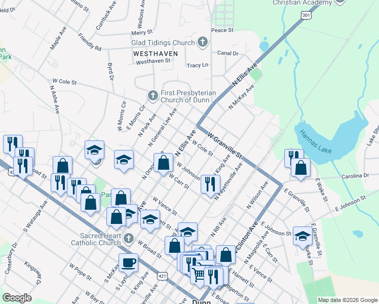 map of restaurants, bars, coffee shops, grocery stores, and more near 504 West Surles Street in Dunn
