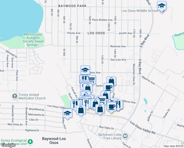 map of restaurants, bars, coffee shops, grocery stores, and more near 1947 11th Street in Baywood-Los Osos