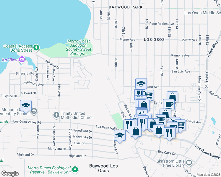 map of restaurants, bars, coffee shops, grocery stores, and more near 1921 Ferrell Avenue in Baywood-Los Osos