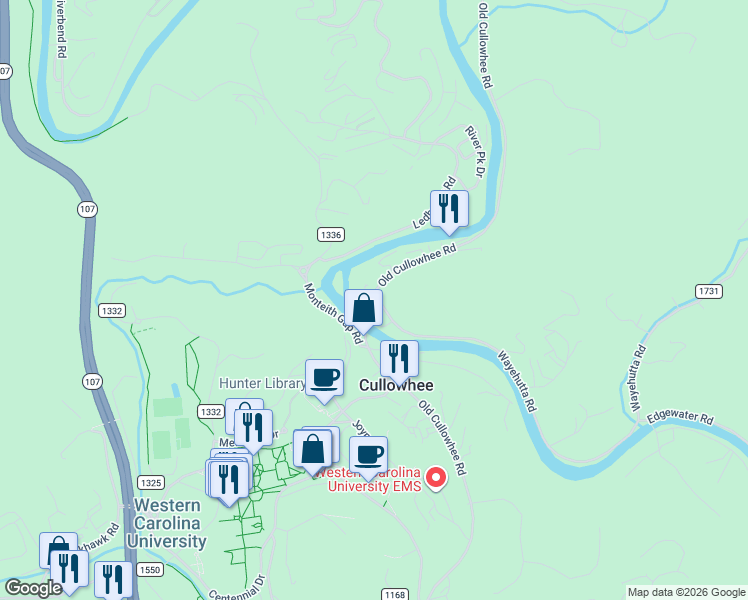 map of restaurants, bars, coffee shops, grocery stores, and more near 3110 Old Cullowhee Road in Cullowhee