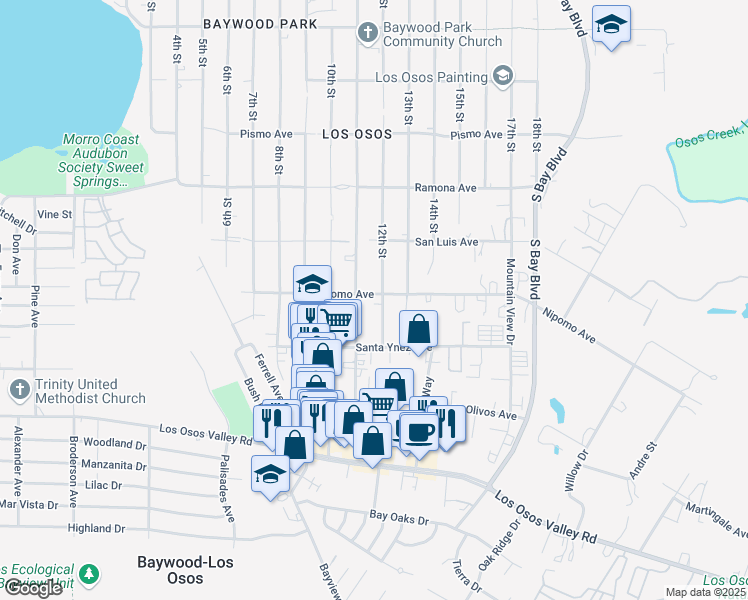 map of restaurants, bars, coffee shops, grocery stores, and more near 1903 12th Street in Baywood-Los Osos