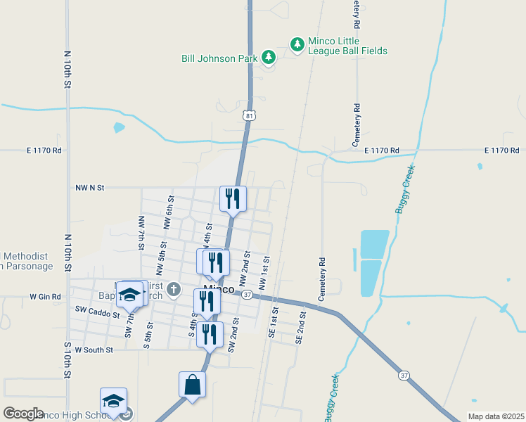 map of restaurants, bars, coffee shops, grocery stores, and more near 401 Northwest 2nd Street in Minco