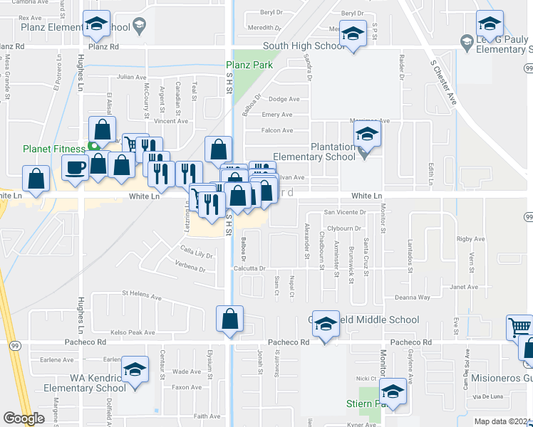 map of restaurants, bars, coffee shops, grocery stores, and more near 1451 White Lane in Bakersfield