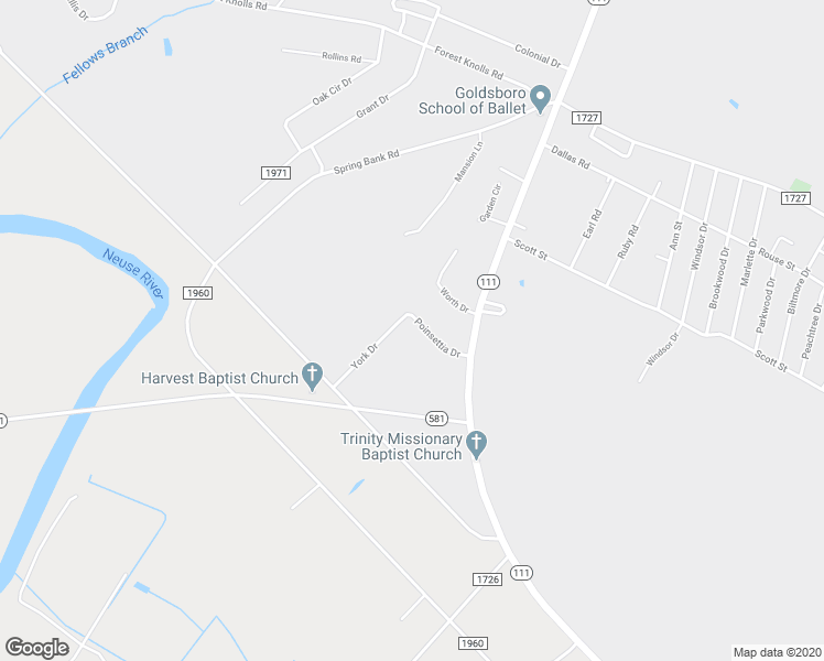 map of restaurants, bars, coffee shops, grocery stores, and more near 159 Poinsettia Drive in Goldsboro