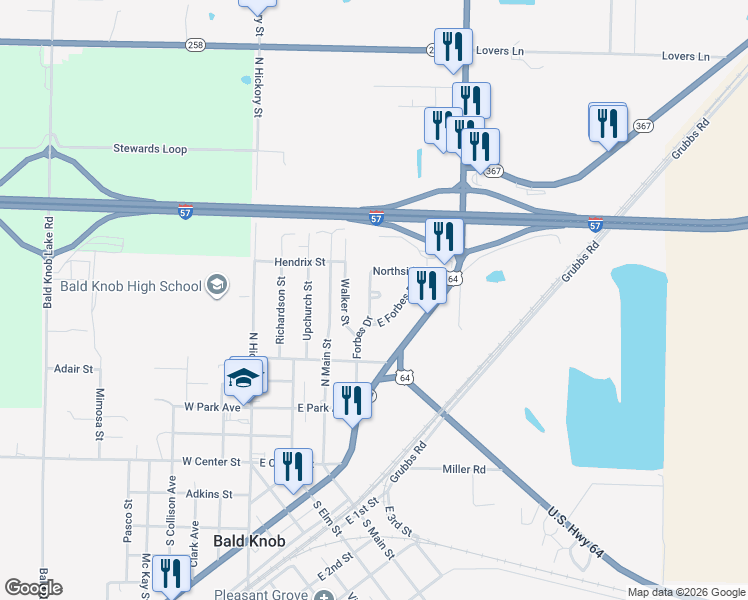 map of restaurants, bars, coffee shops, grocery stores, and more near 727 Forbes Drive in Bald Knob