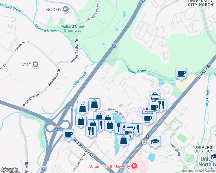 map of restaurants, bars, coffee shops, grocery stores, and more near 605 Emerald Cove Drive in Charlotte