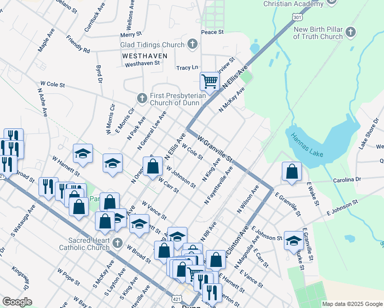 map of restaurants, bars, coffee shops, grocery stores, and more near 905 North McKay Avenue in Dunn