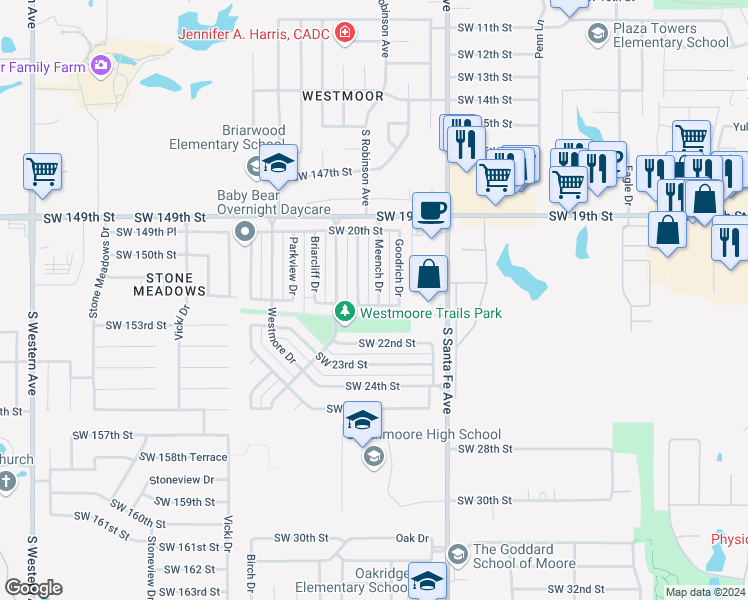 map of restaurants, bars, coffee shops, grocery stores, and more near 2147 Meench Drive in Oklahoma City
