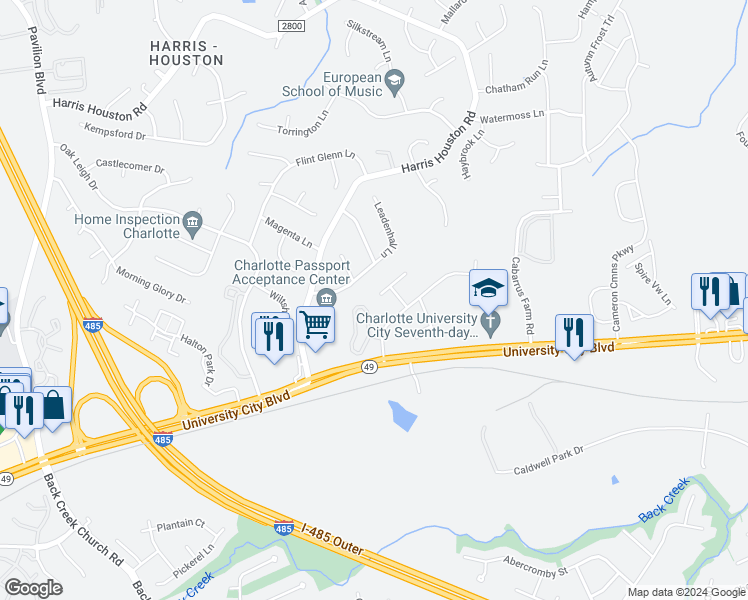 map of restaurants, bars, coffee shops, grocery stores, and more near 1801 Folly Gate Court in Charlotte