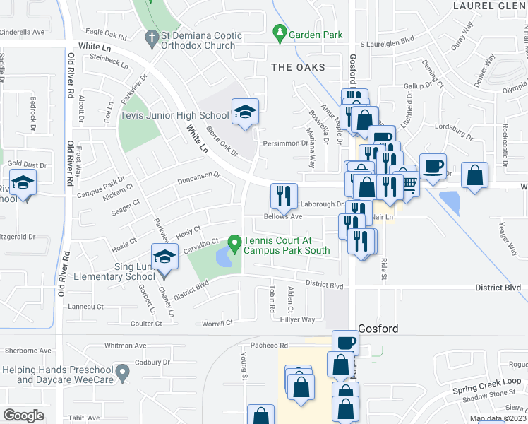 map of restaurants, bars, coffee shops, grocery stores, and more near 4209 Kilterbury Lane in Bakersfield