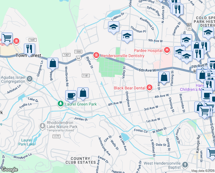 map of restaurants, bars, coffee shops, grocery stores, and more near 118 Glenbrook Drive in Hendersonville