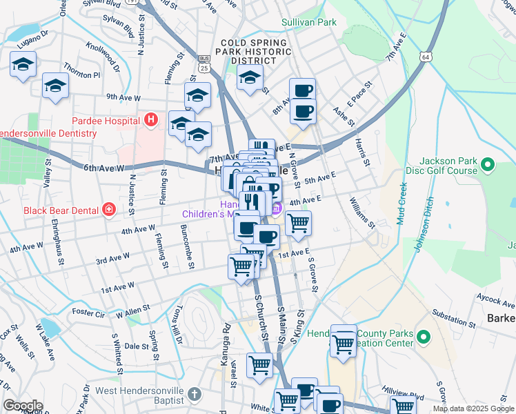 map of restaurants, bars, coffee shops, grocery stores, and more near 118 5th Avenue West in Hendersonville