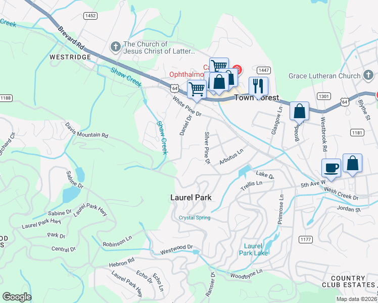 map of restaurants, bars, coffee shops, grocery stores, and more near 220 Daniel Drive in Laurel Park