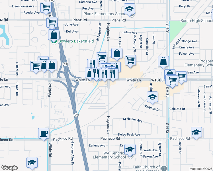 map of restaurants, bars, coffee shops, grocery stores, and more near 2513 White Lane in Bakersfield