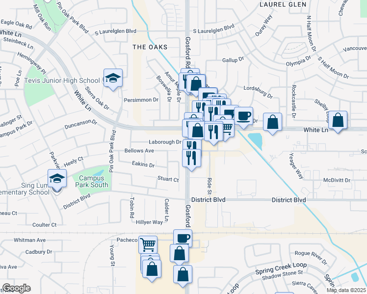 map of restaurants, bars, coffee shops, grocery stores, and more near 8001 White Lane in Bakersfield