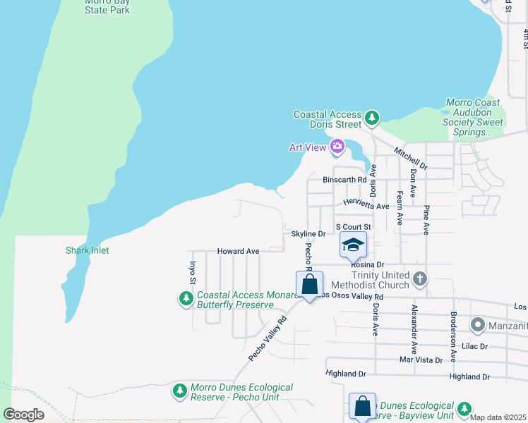 map of restaurants, bars, coffee shops, grocery stores, and more near 242 Butte Drive in Baywood-Los Osos