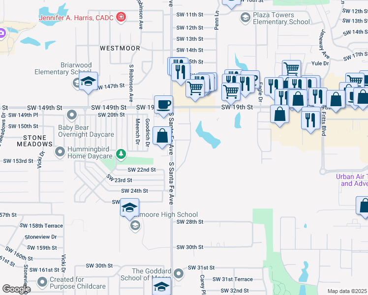 map of restaurants, bars, coffee shops, grocery stores, and more near 2100 Santa Fe Avenue 2408 in Moore
