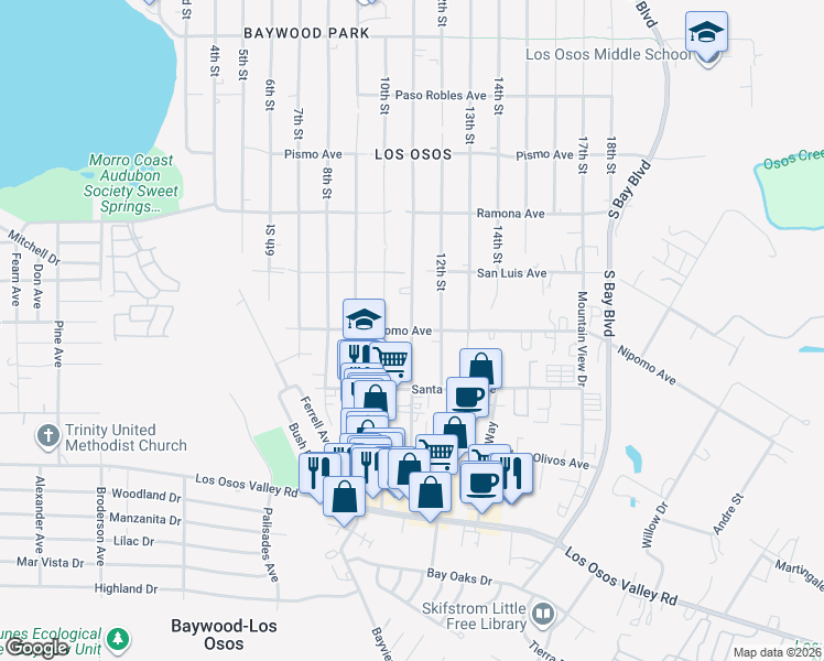 map of restaurants, bars, coffee shops, grocery stores, and more near 11th St & Nipomo Ave in Baywood-Los Osos